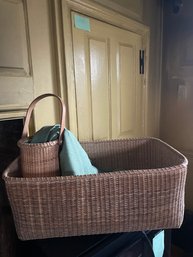 Picnic Basket With Wine Cooler And Around Green Tablecloth
