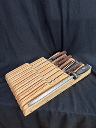 Knife Rack (1) With Sharpener (1) And Knives (6) Including Sabatier And Henkel