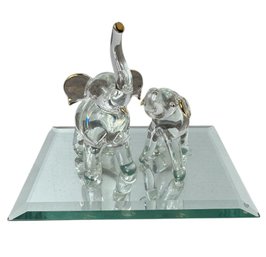 Blown Gilded Art Glass Elephant Mother & Baby On Mirrored Base (a)