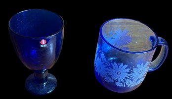 Ittala Finland Goblet And Cobalt Etched Blue Floral Glass Mug Pair
