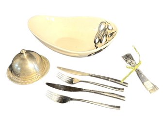 Centerpiece Bowl, Covered Serving Plate, & Silverware