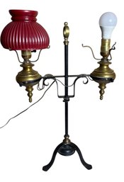 Early American Brass Students Desk Lamp With Red Shade Works! (DR)