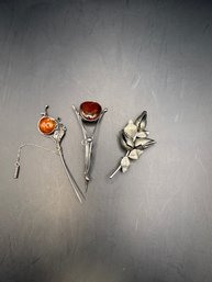 Silver, Silver Tone Pins With Amber