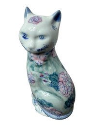 Chinese Signed Blue & White Floral Cat Sculpture (a)
