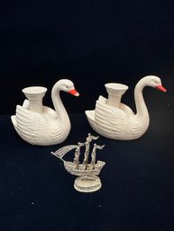 2 Ceramic Swan Candle Holders And A Silver Ship