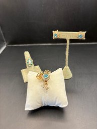 Suite Of Gold Tone Earrings, Pin And Ring