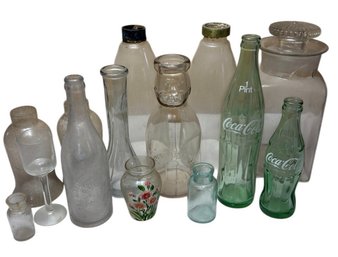 Collection Of Glass Bottle, Hurricane Lamp, And Vases 14pc (DR)
