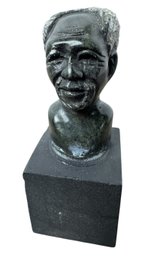 African Carved Soapstone Bust Of A Man On Wooden Base (a)
