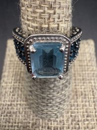 Sterling Ring With Aquamarine Colored Glass Size 7