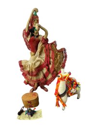 MCM Spanish Flamenco Dancer, Guatemalan Worry Dolls & Peruvian Llama Figurine (a)