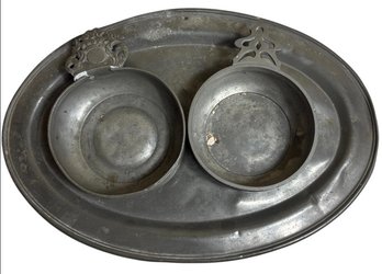 Pewter Serving Platter & Porringer Bowls 3pc (DR)