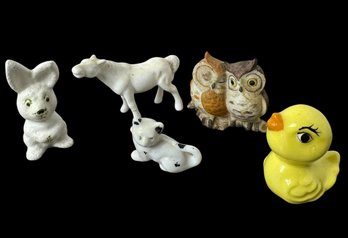 Small Animal Figurines 5pc Owls, Horse, Rabbit, Cat & Bird (a)