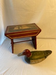 Hand Painted Ship Motif Step Stool & Duck Decoy (l)