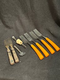 Antique Forks (2) Staineless And Bakelite Forks (4) Sardine Can Opener And Spout