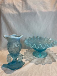 Blue Northwood Glass Compote And Vase