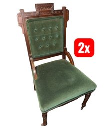 1800s Victorian Eastlake Green Upholstered Parlor Chair Pair On Casters (A)