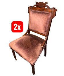 1800s Victorian Eastlake Pink Upholstered Parlor Chair Pair On Casters (A)