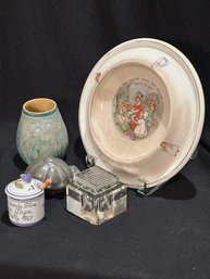 Baby Plate, Ink Well, Antique Mold, Hand Painted Vase & Mustard Jar