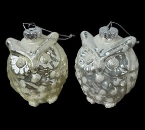 Silver Glass Owl Ornament Pair
