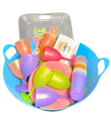 Plastic Tub Of Assorted Cups, Plates, & Water Goblets