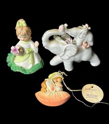 Floral Elephant Mother & Baby, Other Assorted Figurines 3pc