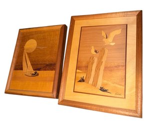 Inlaid Wooden Nautical Scene Wall Art Pair (A)