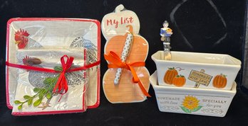 Nantucket Mini Ceramic Loaf Dishes, Turkey Plates/napkins, Pumpkin Paper, And Butter Knife