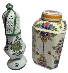 Dutch And Italian Decorative Pottery Lidded Jar & Sugar Caster 2pc (K)