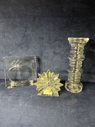 Waterford Crystal Clock Base, Glass Candle Holder, And Glass Frame W/ Heart Cutout