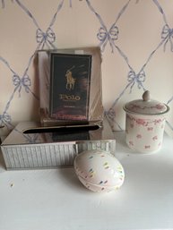 Laura Ashley Canister, Egg Decor, Tissue Box Holder, And Polo Cologne