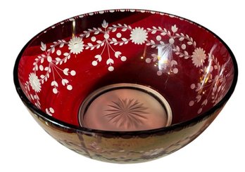 Bohemian Ruby Red Floral Glass Bowl (B)