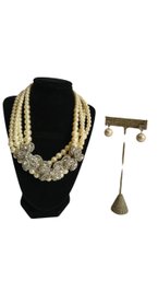 Anne Taylor Faux Pearls And Crystals Necklace And Earrings