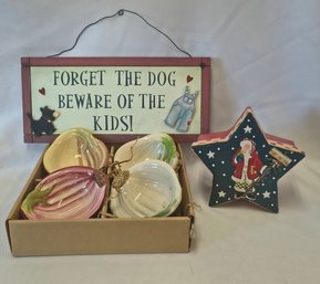 Wood Sign, William And Sonoma Dipping Bowls, And Christmas Box