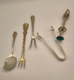 Aksel Holman Norway Sugar Tong, 2 Sterling Forks, 1 Spoon, And Small Tongs