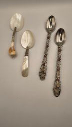 2 Beaded Vintage Spoons And 2 Mother Of Pearl Spoons