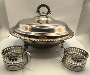 Silver Plate Footed Chaffing Dish With Lid, And 2 Metal Tea Cup Holders