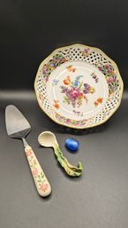 Schumann Bavaria Vintage Flowered Bowl, A Spatula, And A Small Blue Glass Egg