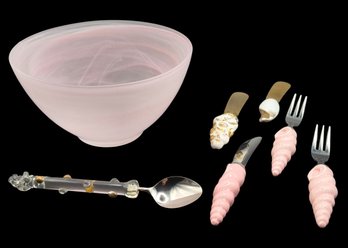 Pink Frosted Glass Bowl, And Decorative Silverware