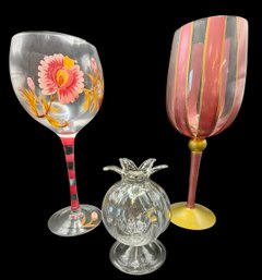 2 Painted Wine Glasses And A Glass Vase