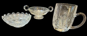 2 Cut Glass Dishes And A Glass Christmas Mug