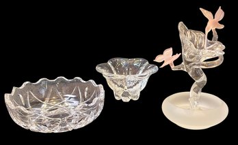 Crystal Bowl, Glass Votive Holder, And Blown Glass Flower Decoration
