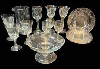 15 Pieces Of Etched Glass Glassware