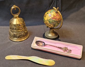 Mini Globe, Brass Bell, Aruba Spoon, And Pearl Knife
