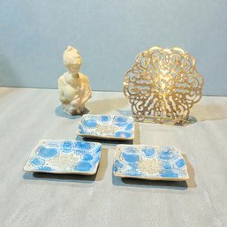 3 Porcelain Trinket Dishes, Metal Trivet, And Woman With Baby Figurine