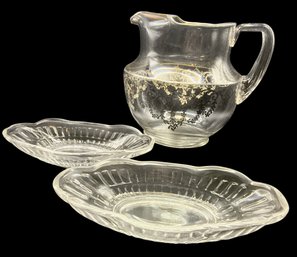 Glass Pitcher With Silver Overlay And 2 Pressed Glass Dishes