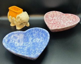 Mesa Intl Signed Heart Shaped Bowls & Vintage Elephant Match Holder