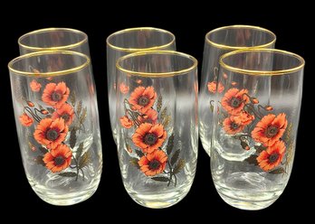 6 Mid Century Glasses With Poppies And Gold Trim