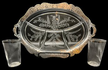 Vintage Glass Serving Tray With Silver Trim And Overlay And 2 Glasses