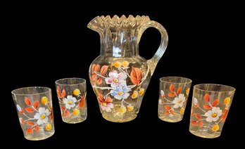 Floral Hand Painted Pitcher And 4 Glasses