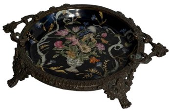 Hua Rong Tang Zhi Brass And Porcelain Chinese Footed Trinket Dish (LR)